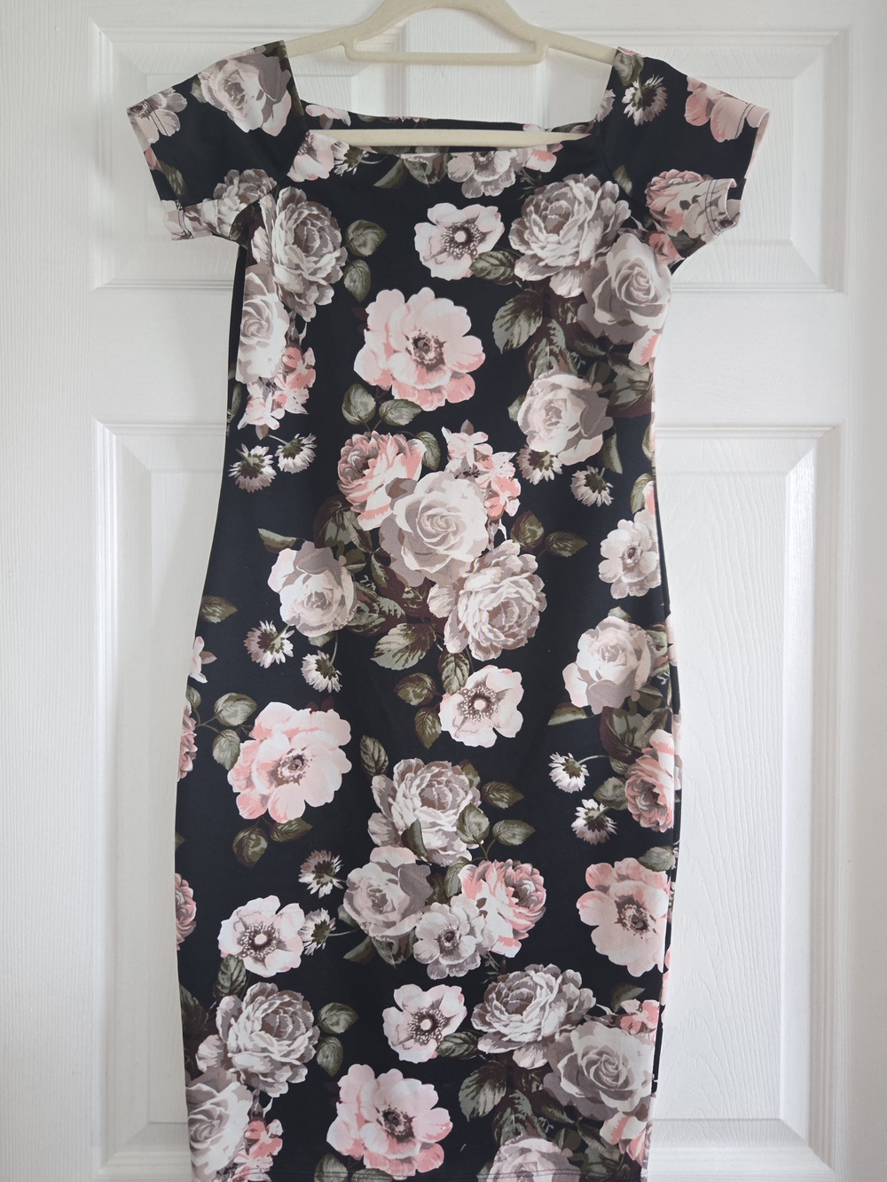 Snap Black Floral Off-Shoulder Bodycon Dress with Pink & Cream Roses